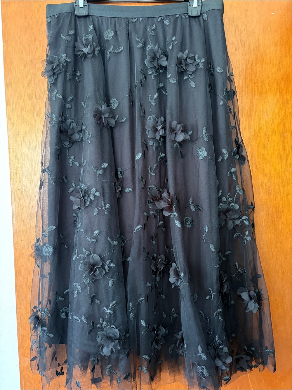Ultra Pink Black Maxi Tool Skirt with black flowers and stitched black leaves.